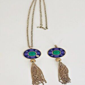 Gold Chain Necklace Round Pendant Blue Glass Stones Tassel + Xtra Pendant Vintge